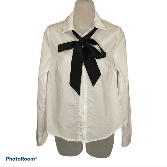 Renamed White Black Tie Button Up Long Sleeve Top Size Medium - Picture 1 of 5
